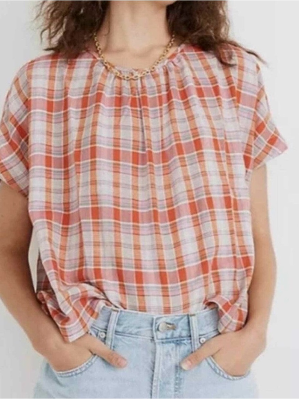 Madewell Plaid Shirred Neck Boxy Top Lightweight Orange Plaid Small Fall Cotton